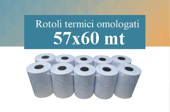Rotoli 57x60 mt in carta termica omologata per scontrini fiscali 50 pz