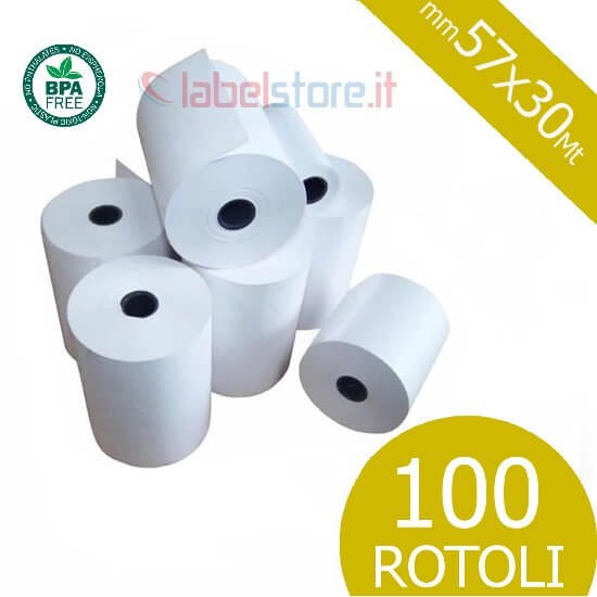 Rotoli 57x30 mt in carta termica omologata per scontrini fiscali 100 pz