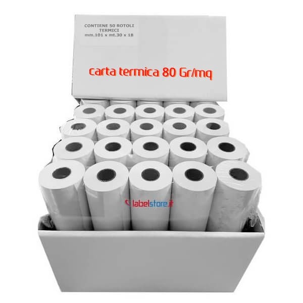 Rotolo 101mm carta termica 80gr per scontrini e fatture con stampanti portatili 50pz