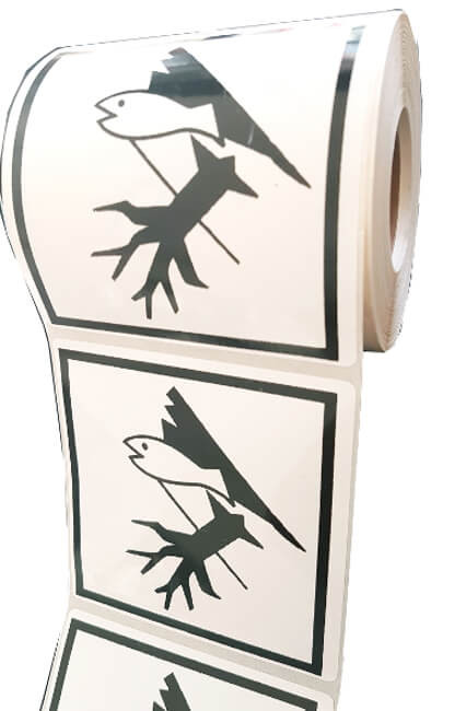 Etichetta 100x100 mm polipropilene BIANCO con logo pericolo per l'ambiente