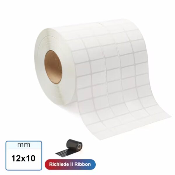 Etichetta carta VELLUM mm 12x10 adesiva in bobina stampabile a trasferimento termico 10000 pz