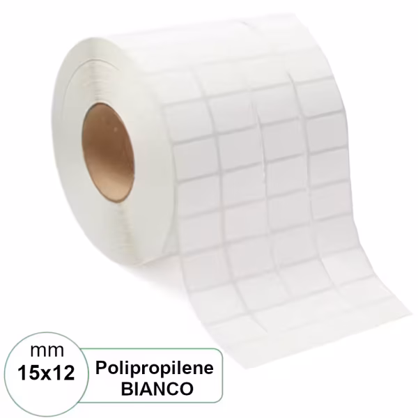 Etichetta 15×12 mm PPL (Polipropilene) Bianca adesiva in rotolo stampabili da 6000pz