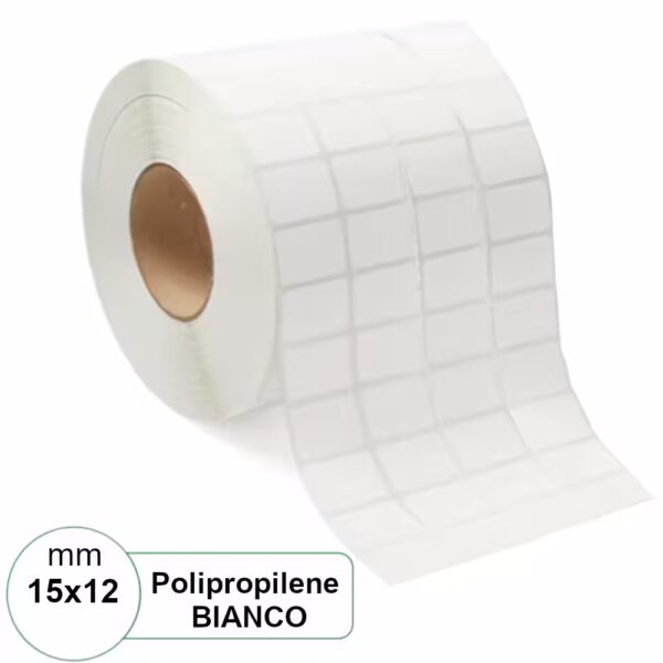 Etichetta 15×12 mm PPL (Polipropilene) Bianca adesiva in rotolo stampabili da 6000pz
