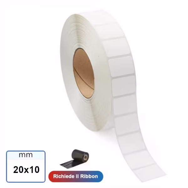 Etichetta adesiva 20x10 mm VELLUM in rotolo da 3000 pz stampabili a trasferimento termico