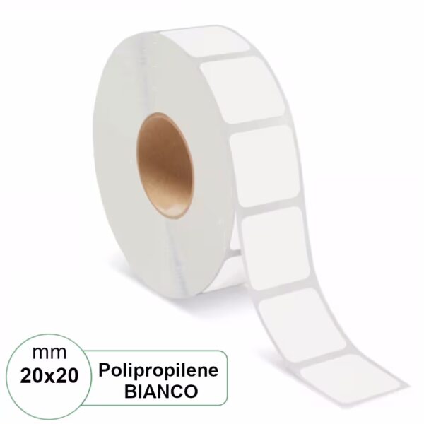Etichetta 20×20 mm PPL (Polipropilene) Bianca adesive in rotolo stampabili da 2500pz
