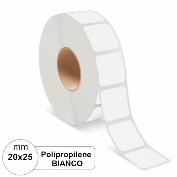 Etichetta 20x25 mm polipropilene PPL BIANCA in rotolo stampabili a trasferimento termico