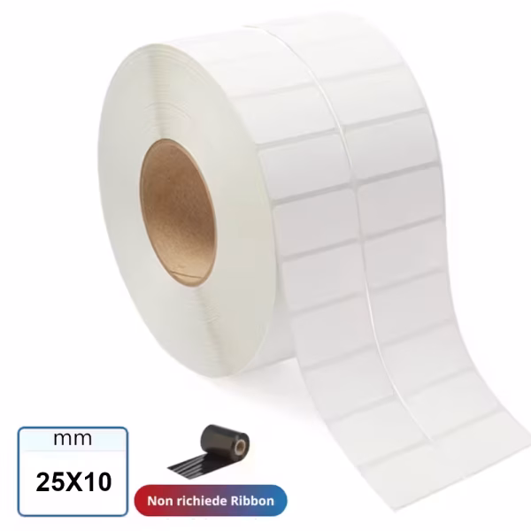 Etichetta 25x10 mm TERMICA protetta adesiva in rotolo a 2 piste