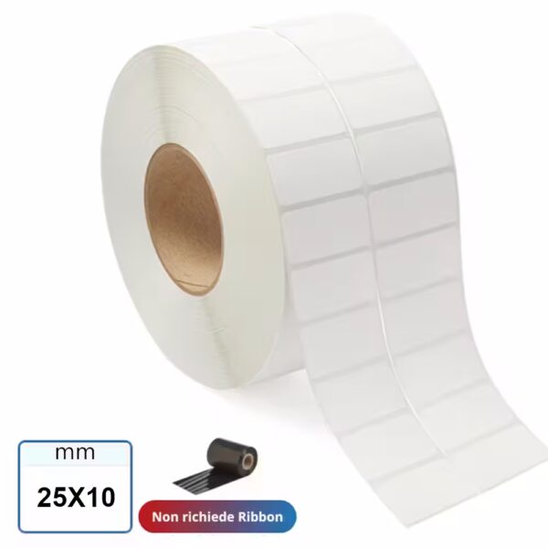 Etichetta 25x10 mm TERMICA protetta adesiva in rotolo a 2 piste