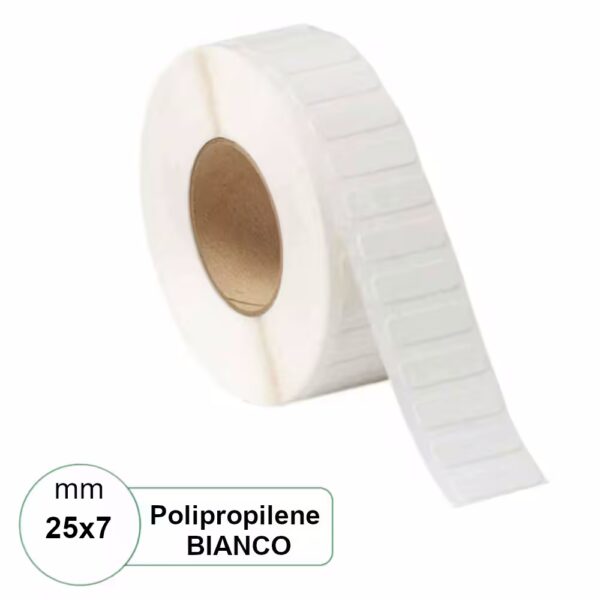 Etichetta 25×7 mm PPL (Polipropilene) Bianca adesiva in rotolo stampabili da 5000 pz