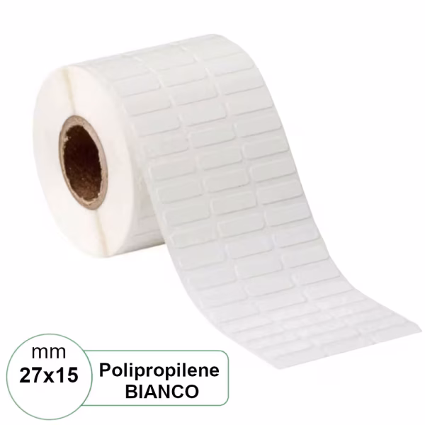 Etichette mm 27x15 PPL BIANCA adesive a 3 piste in rotolo stampabile a trasferimento termico