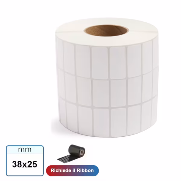 Etichette 38x25 mm VELLUM adesive in rotolo stampabile a trasferimento termico 3000 pz