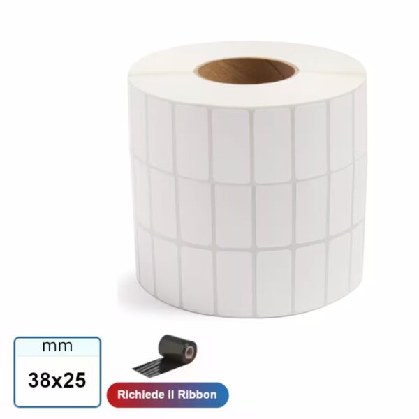 Etichette 38x25 mm VELLUM adesive in rotolo stampabile a trasferimento termico 3000 pz