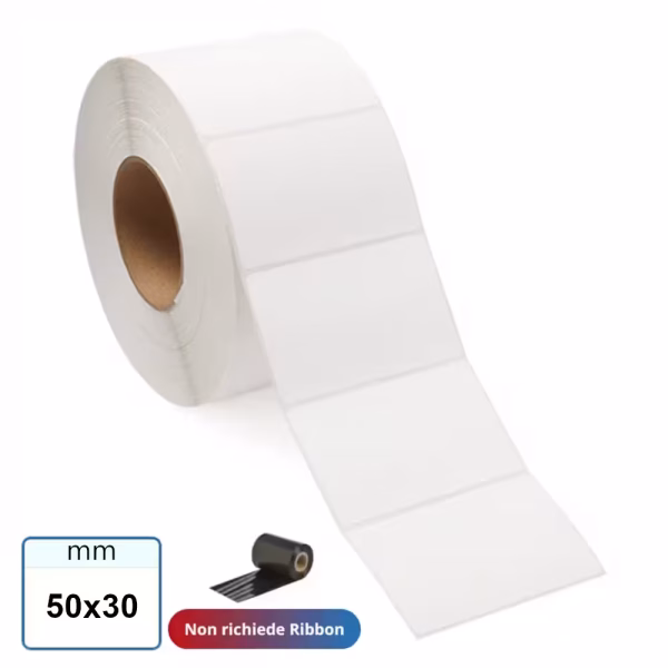 Etichette TERMICHE 50x30 mm TOP adesivo REMOVIBILE in rotoli carta termica bianca