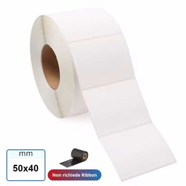 Etichetta 50x40 mm TERMICA bianca adesiva in rotolo da 1500 Pz