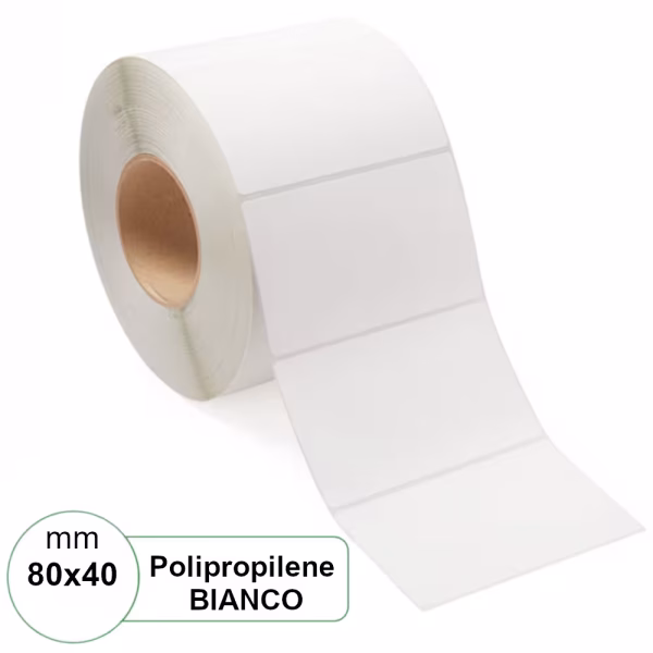 Etichetta 80×40 mm PPL (Polipropilene) Bianca adesiva in rotolo stampabili da 1000pz
