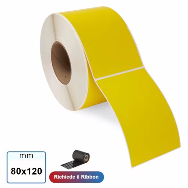 Etichetta 80x120 mm VELLUM adesiva GIALLO a trasferimento termico rotolo da 500 pz