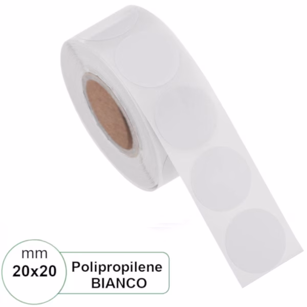 Etichetta 20×20 mm rotonda PPL adesiva Bianca in rotolo da 2000 Pz